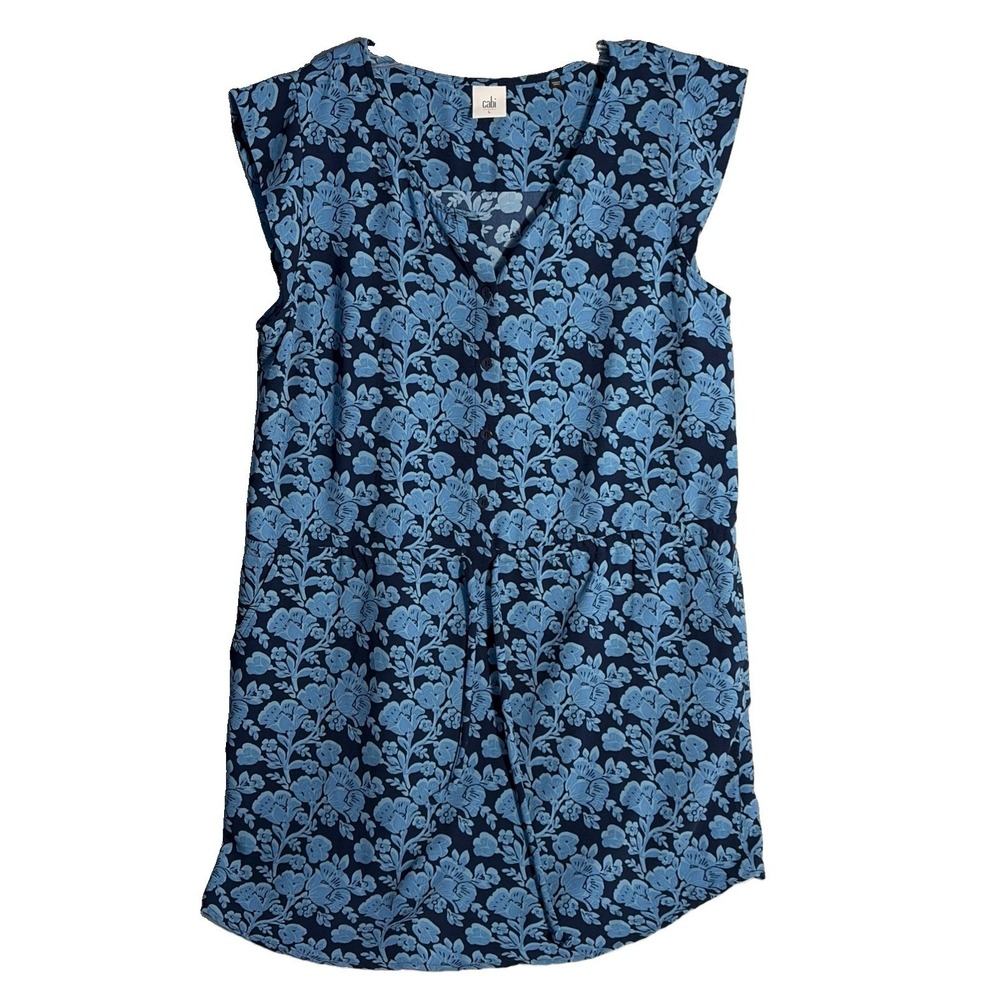 CABI Blue Floral Print Sleeveless Waist Tie Short Java Dress Large Easy wear
